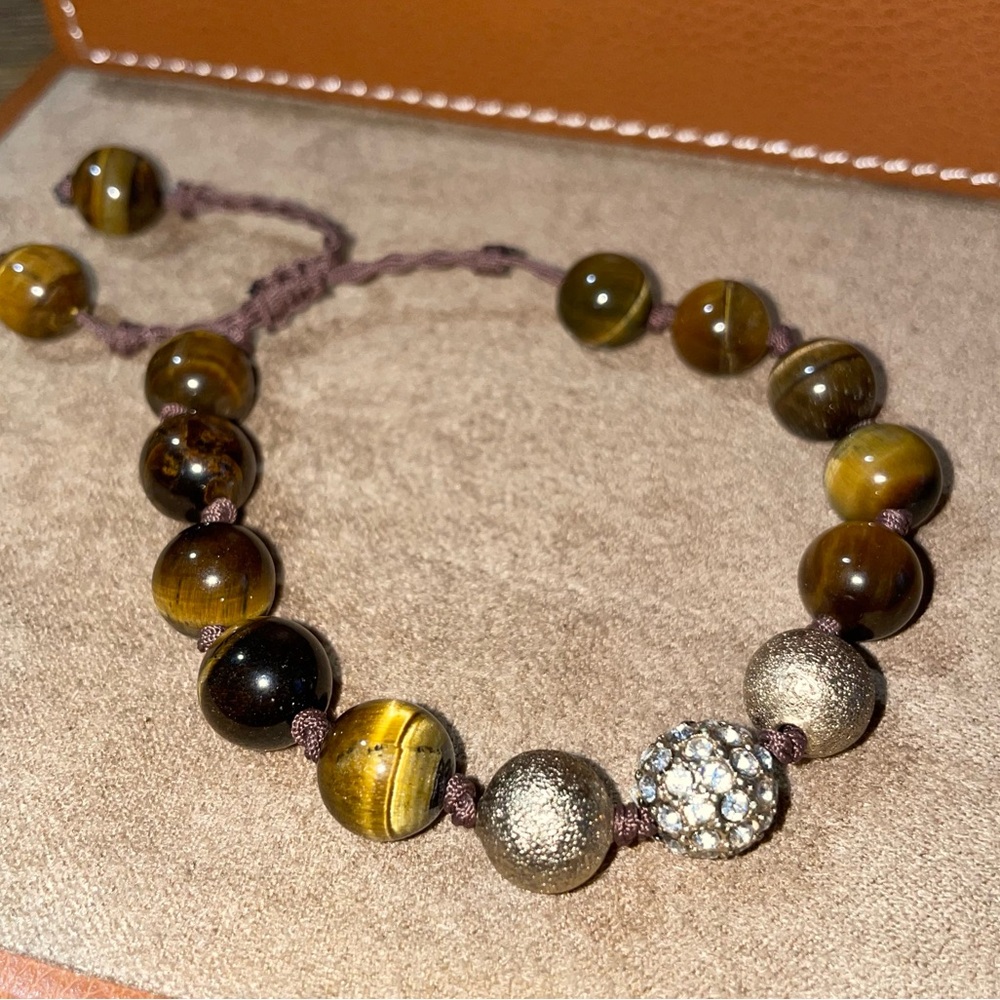 Tiger Eye Beaded Cord Bracelet w Rhinestone and Glitter Beads